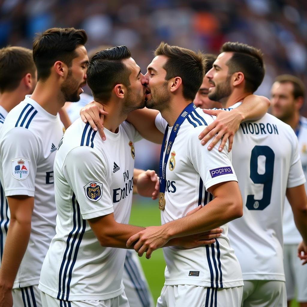 Real Madrid players celebrating their Champions League victory in the 2016 home kit