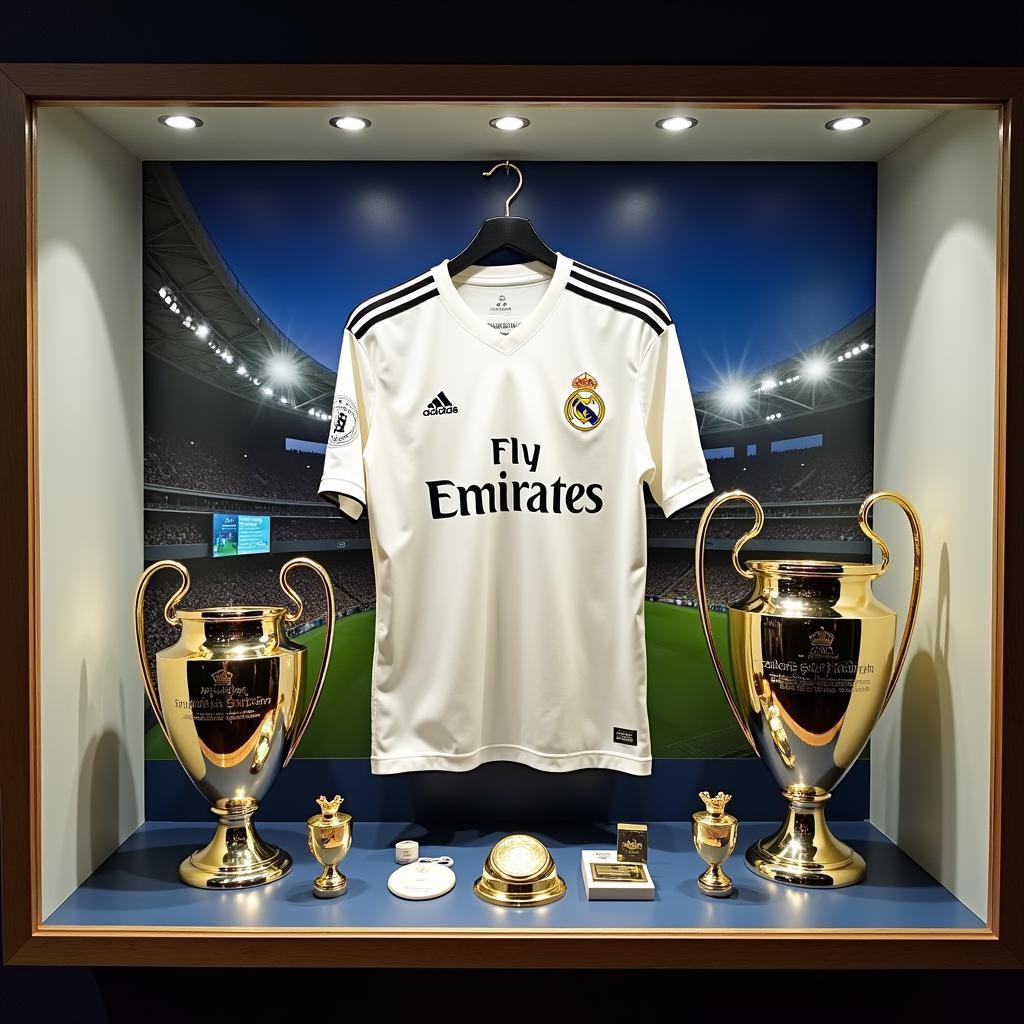 Display showcasing the 2016 home kit alongside trophies and memorabilia