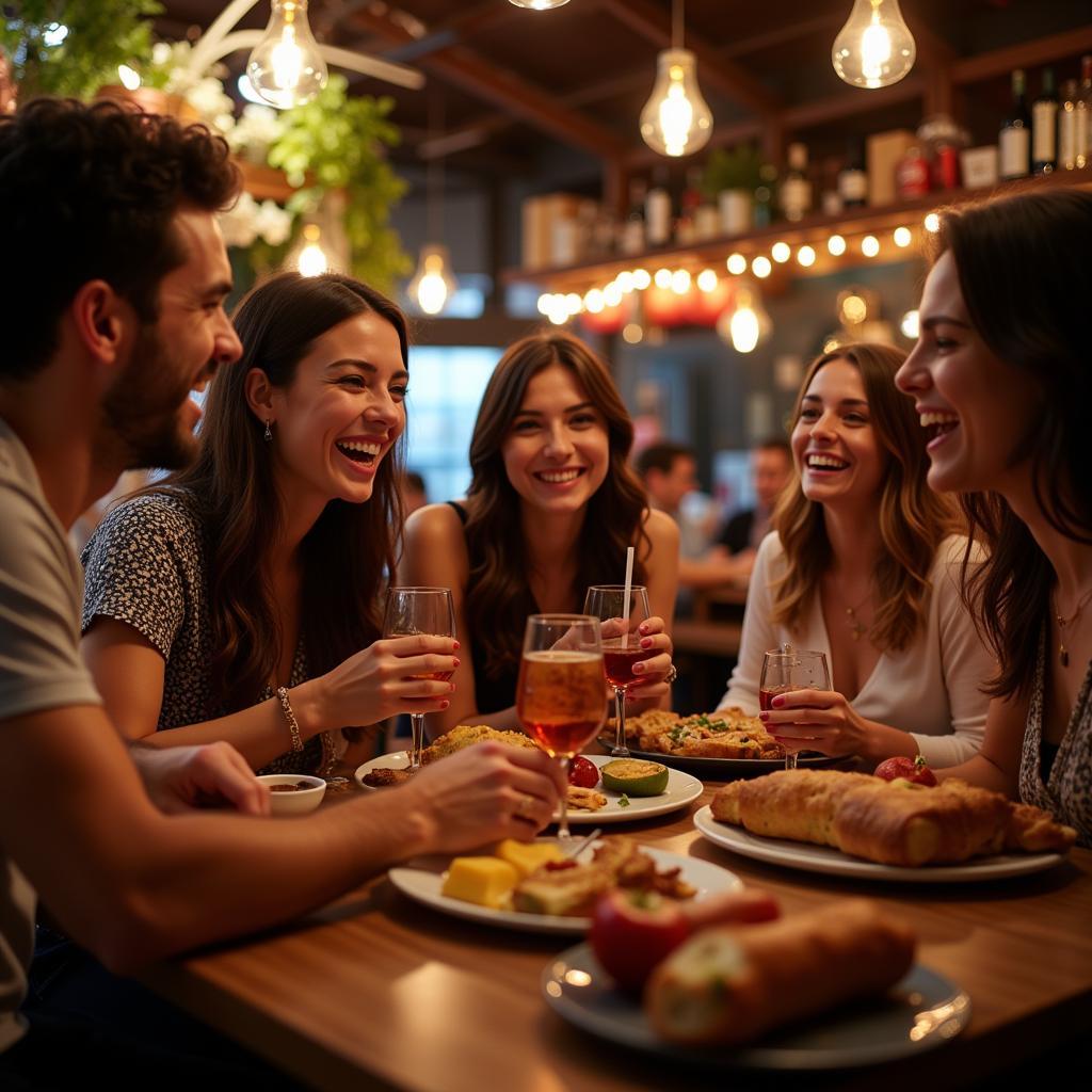 Friends Enjoying Tapas and Drinks in a Spanish Bar