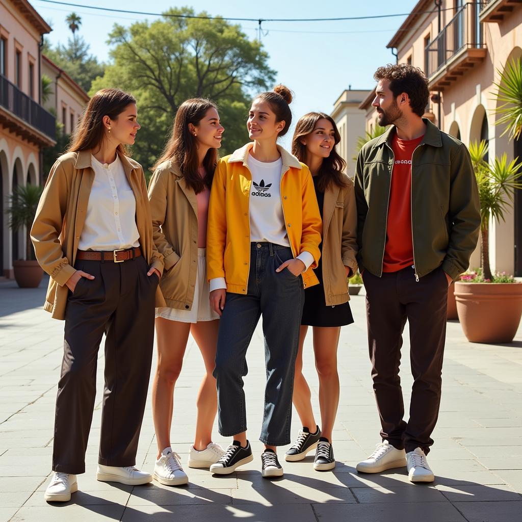 Group of friends wearing adidas Forum in a Spanish plaza