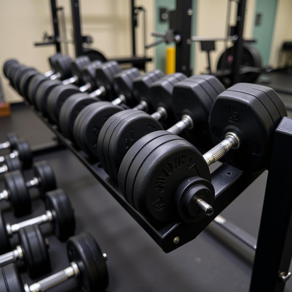 Adjustable dumbbells in a home gym setting.