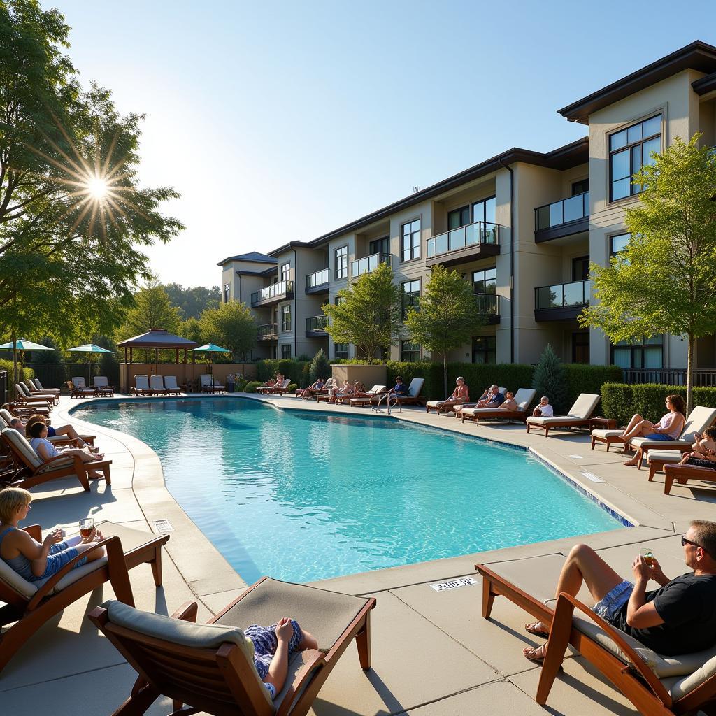 Residents relaxing by the communal pool in Aedas Homes area privada