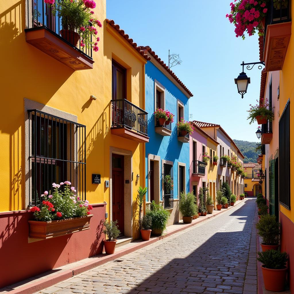 Cobblestone street lined with colorful houses in Aedas Homes Cobeña