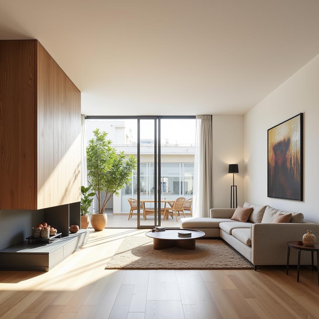 Spacious living room interior with modern furniture and large windows