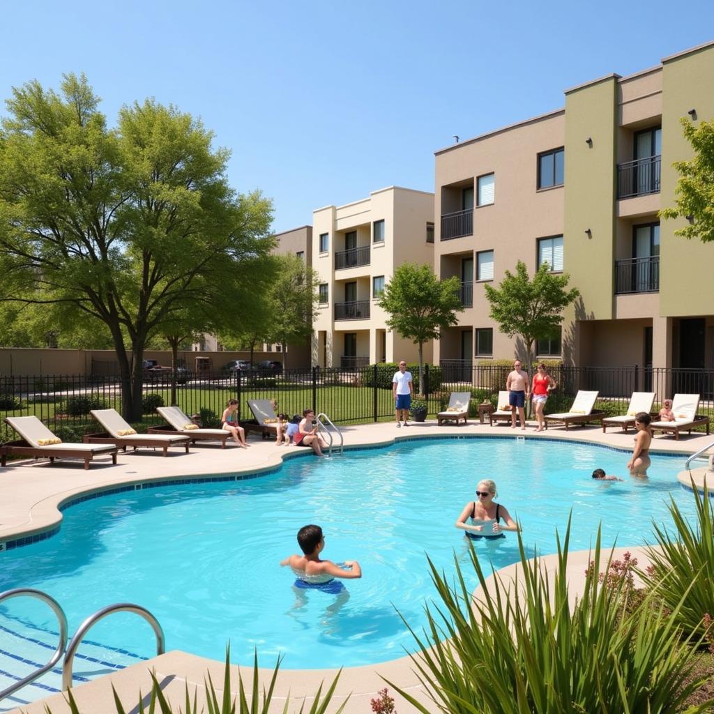 Residents relaxing by the pool at an Aedas Homes development