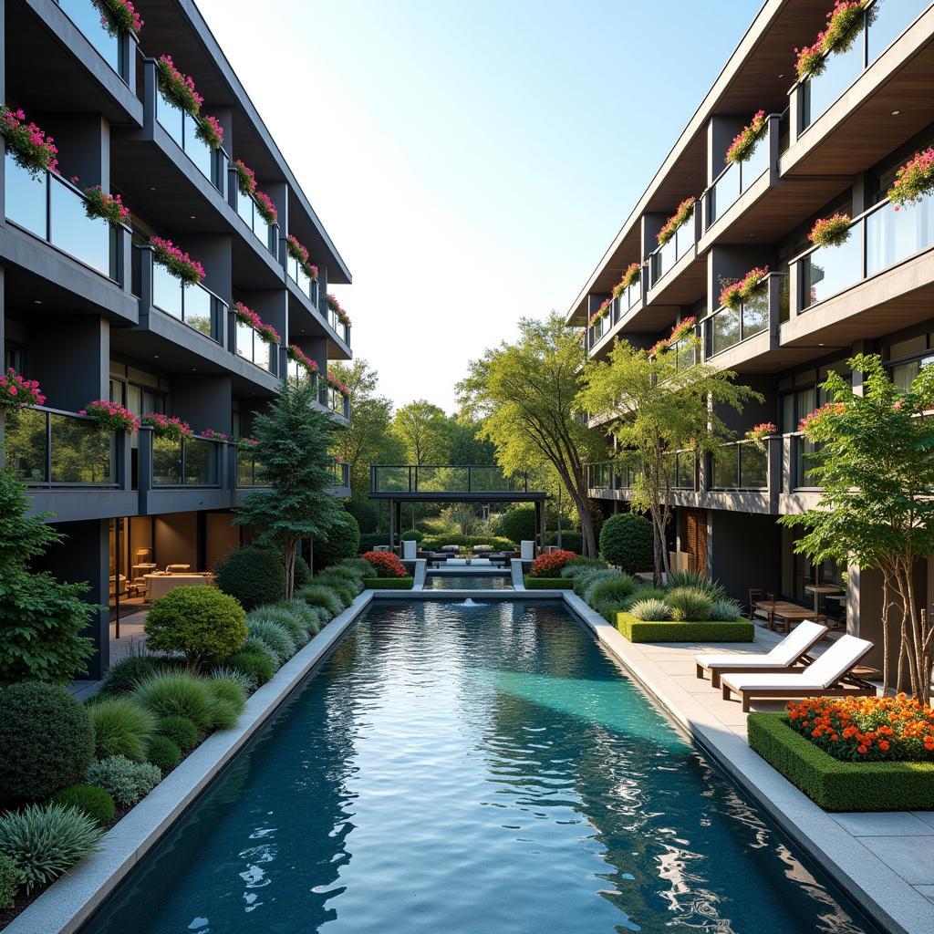 Modern Apartment Building with Balconies Overlooking a Lush Courtyard