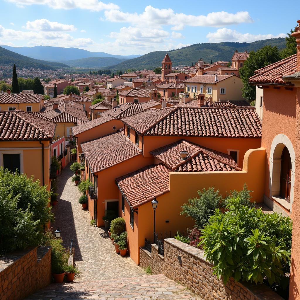 An aerial view captures the charm of a picturesque Spanish village.