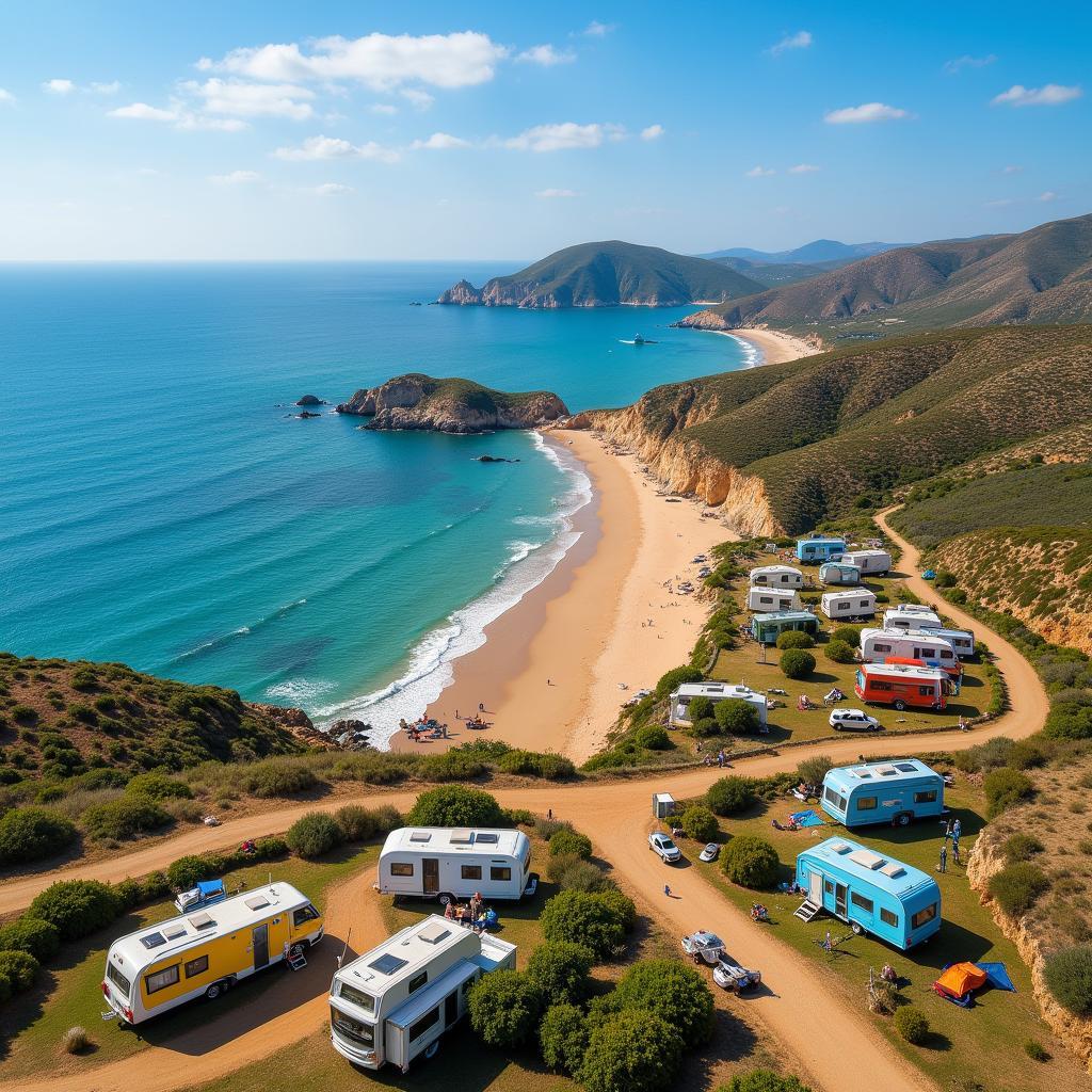 Stunning aerial view of a mobil home campsite nestled along the Spanish coastline