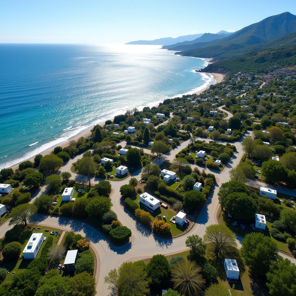 Aerial view of a Spanish coastal campsite with mobile homes, ocean in the background