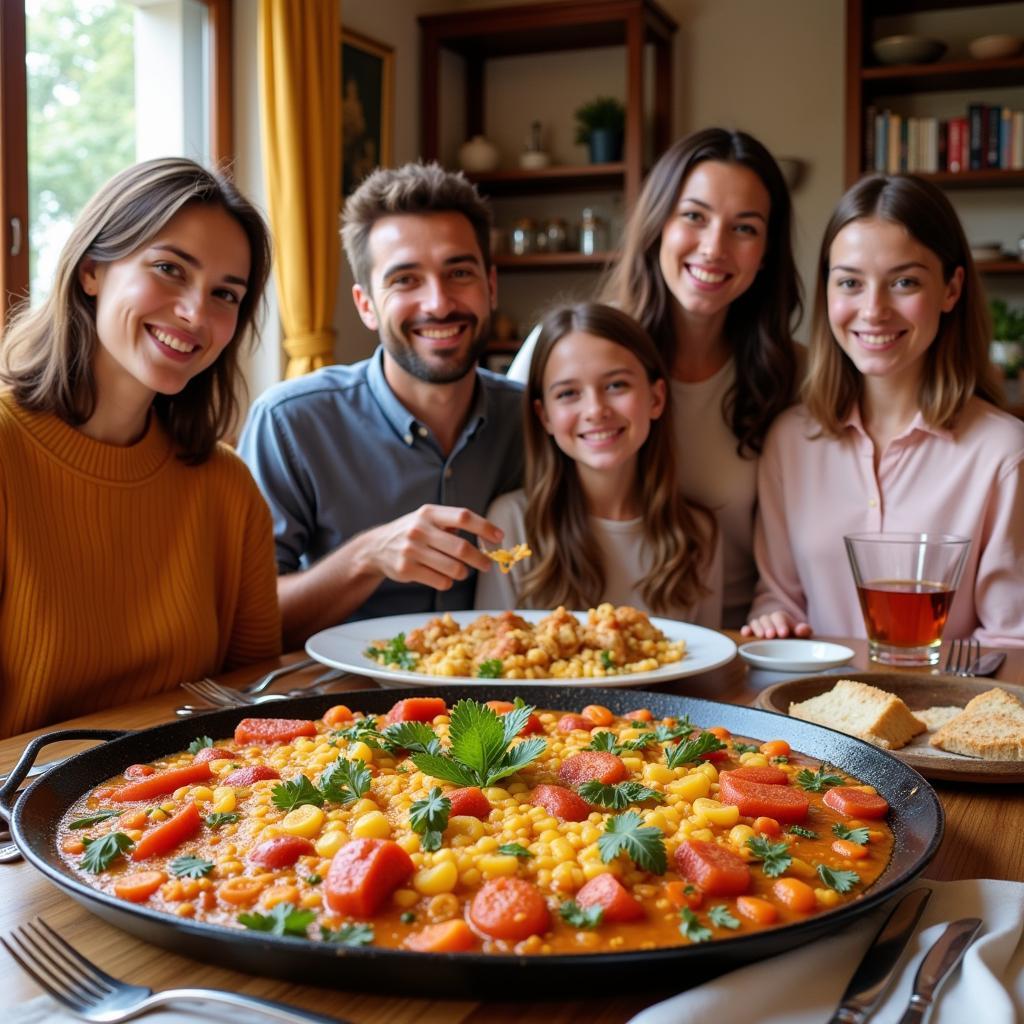 Family enjoying paella in a Spanish homestay