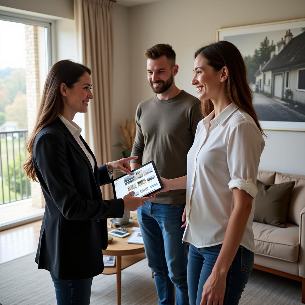 Real estate agent discussing market trends with a couple.