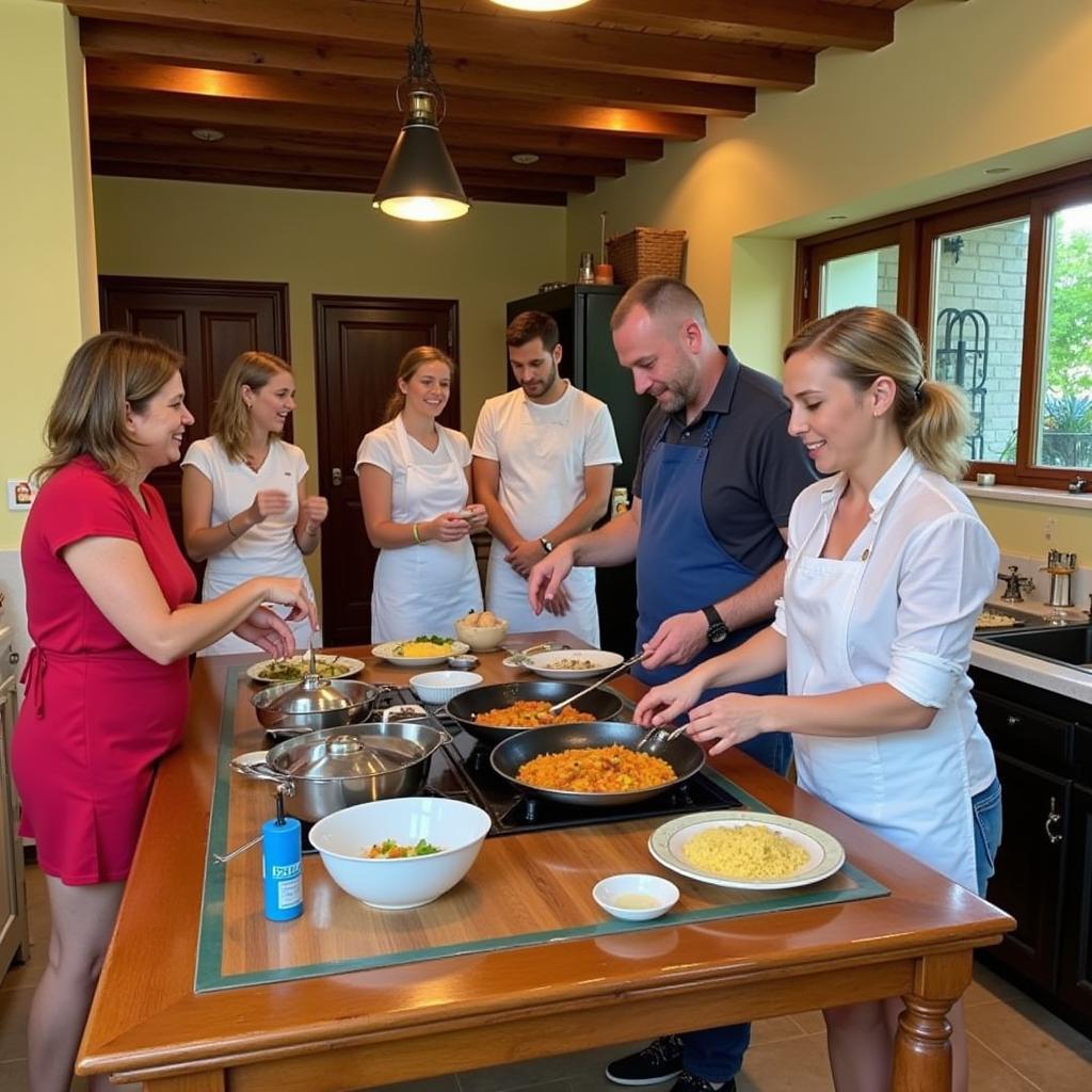 A group of people gathered around a table, learning to cook paella.