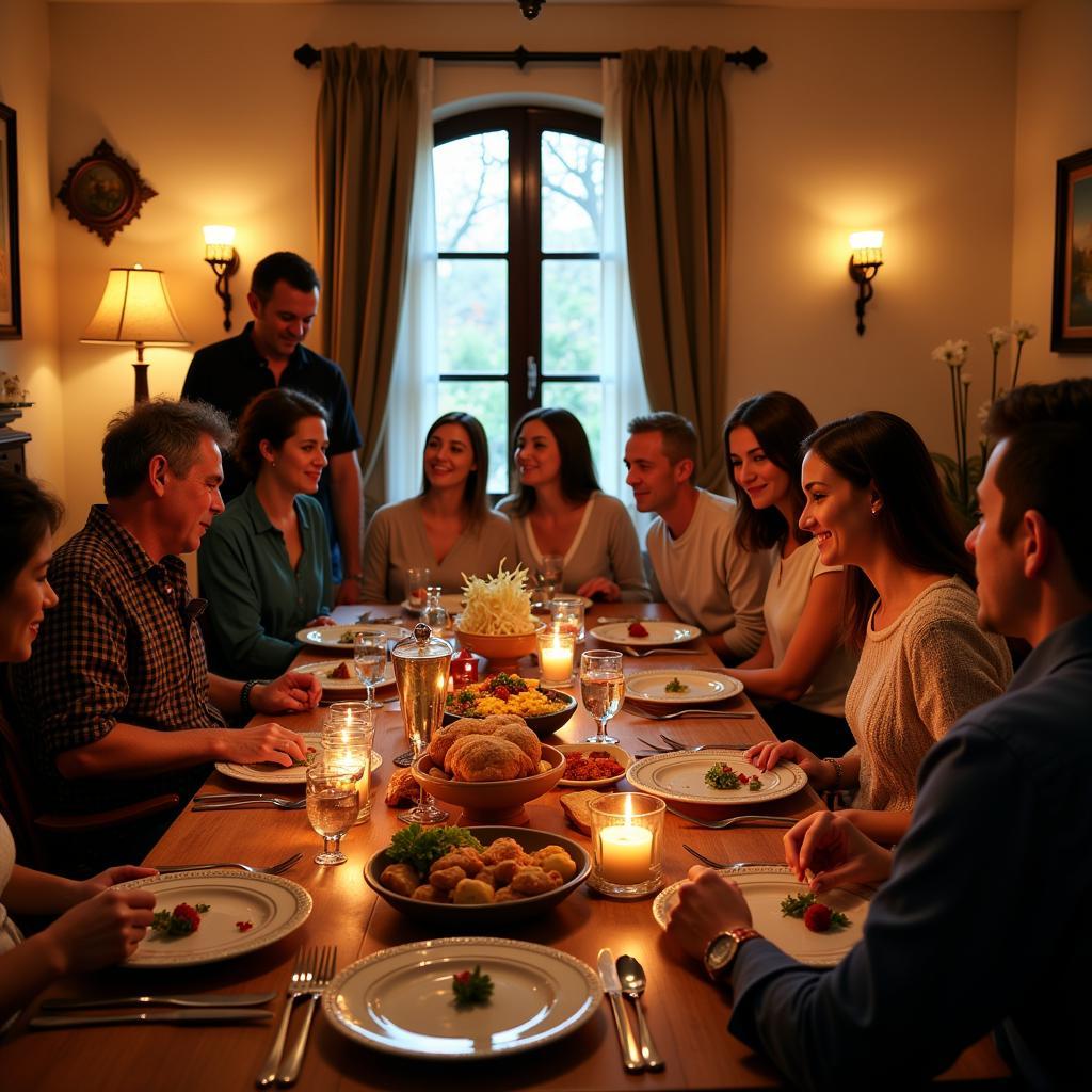 A long table set for a festive meal with traditional Spanish food and smiling people.