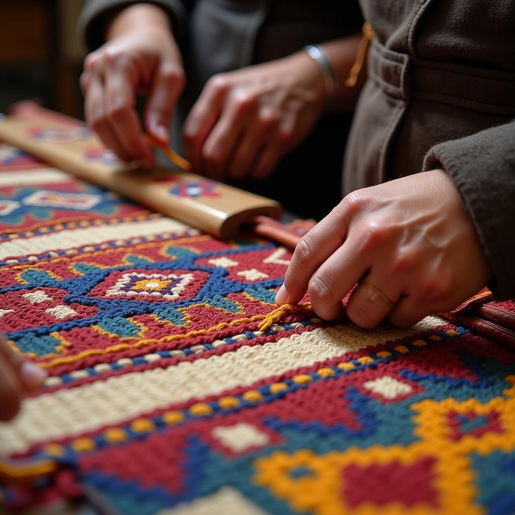 Artisans Weaving Alfombras in a Workshop