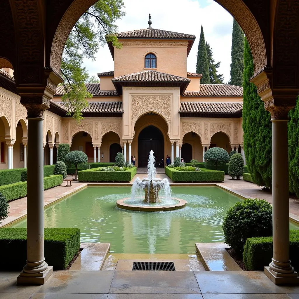 The Alhambra Palace in Granada, Spain with intricate architecture and lush gardens