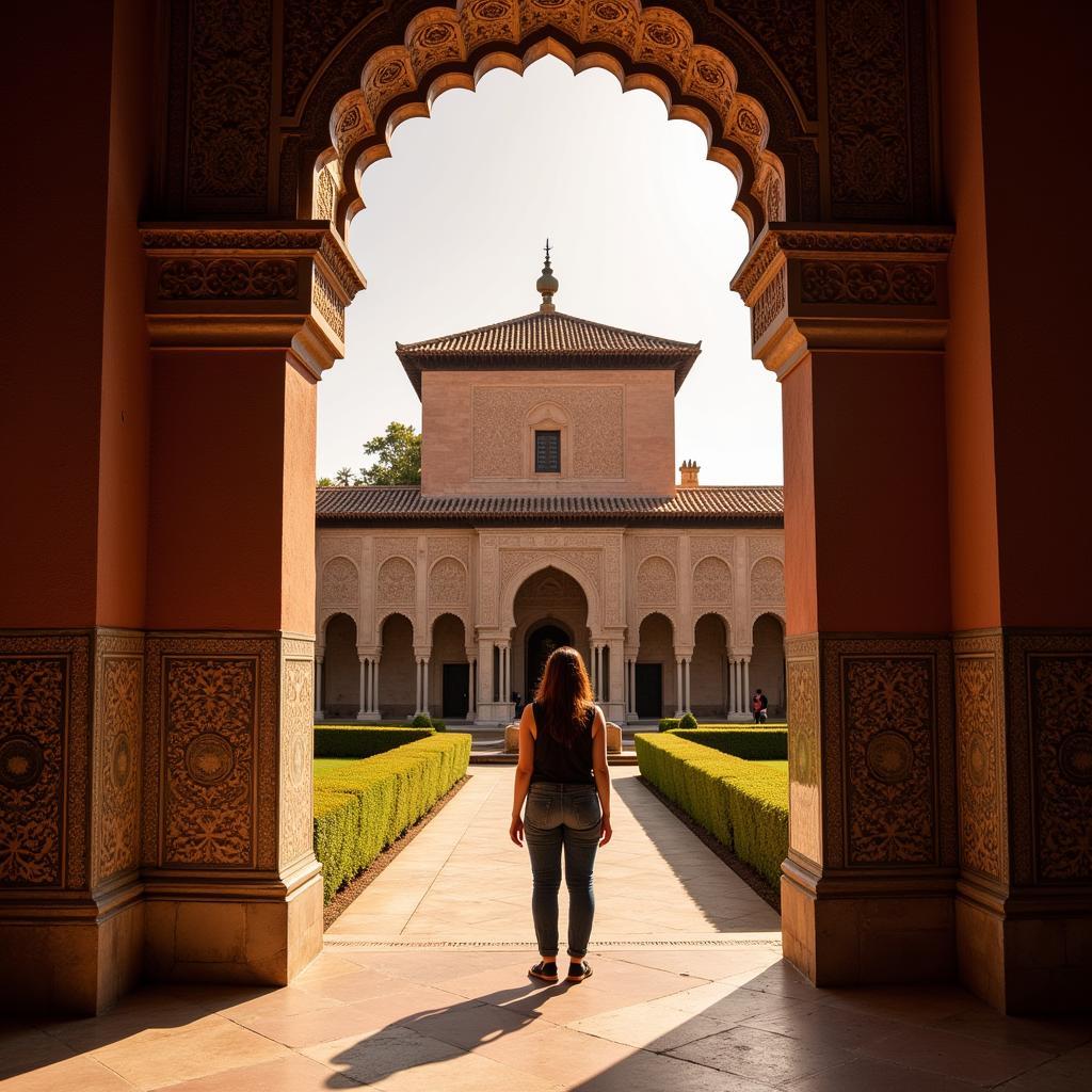 The majestic Alhambra Palace perched atop a hill, overlooking the city of Granada, Spain