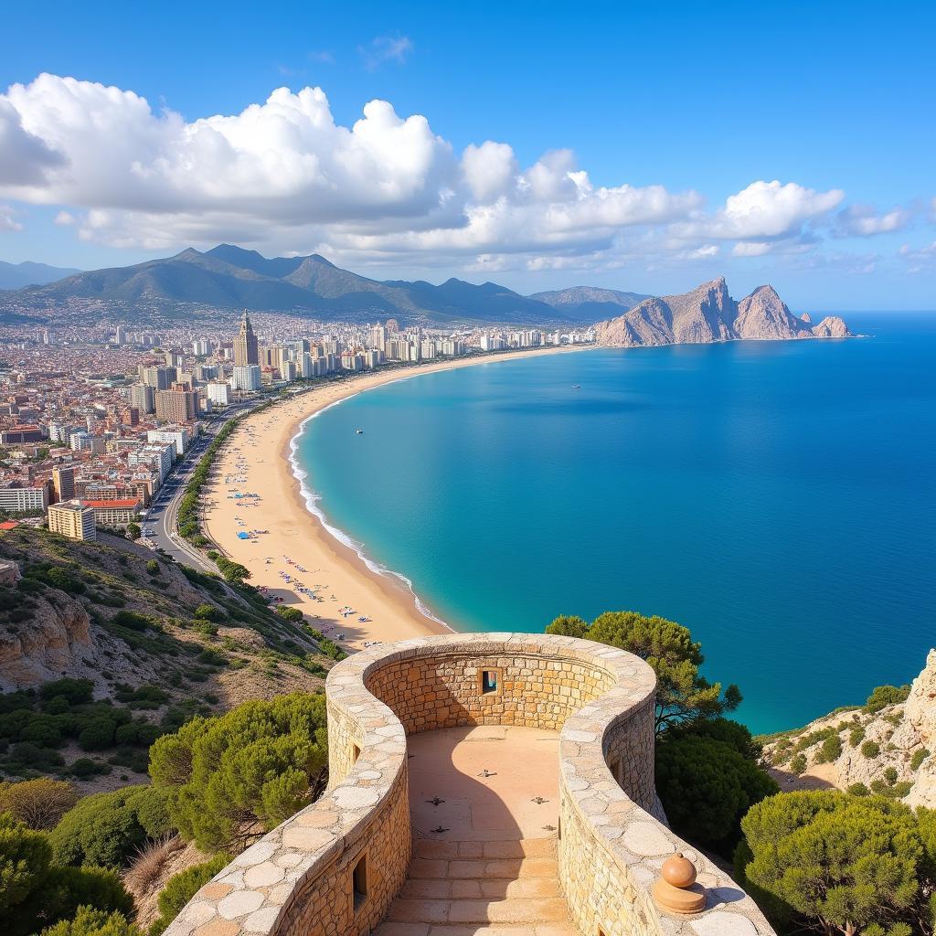 Panoramic view of Alicante cityscape and beach from Santa Bárbara Castle