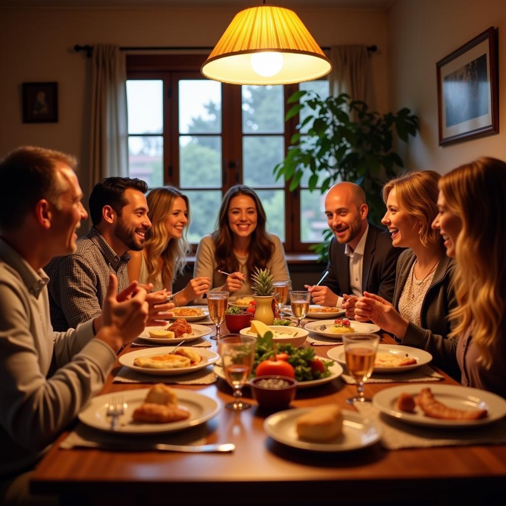 Alicante family sharing a traditional meal together, laughing and enjoying each other's company.