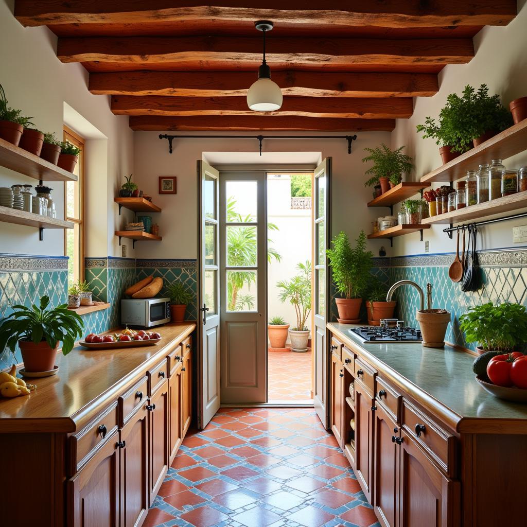 Traditional Alicante home kitchen with colorful tiles and fresh produce