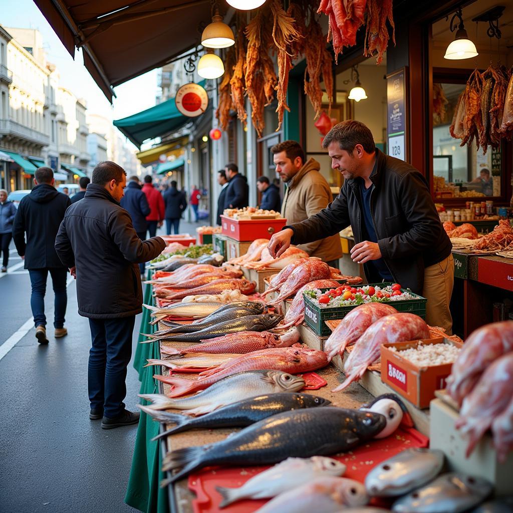 Bustling Alicante seafood market with a vibrant display of fresh catch