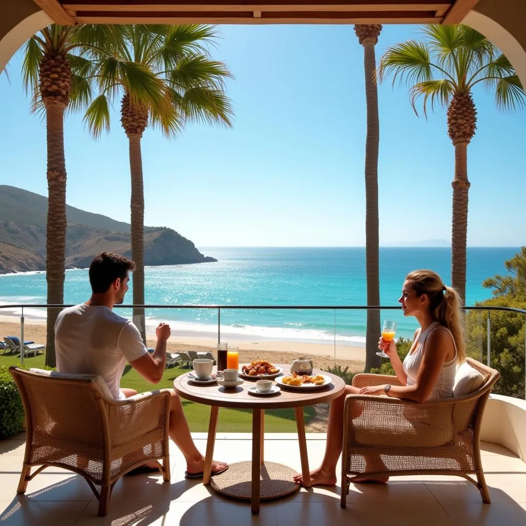 Couple enjoying breakfast with a stunning Almería beach view