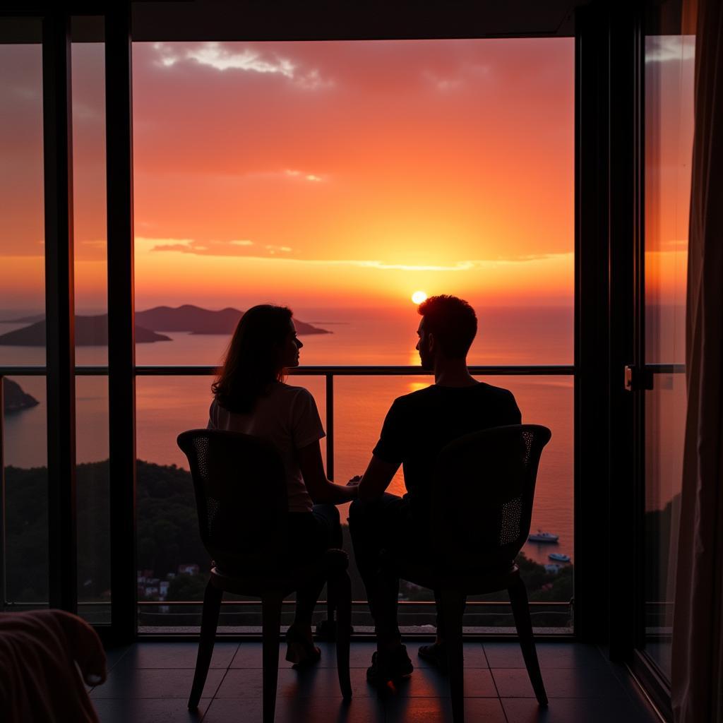 Couple enjoying the sunset view from a trendy home in Almería