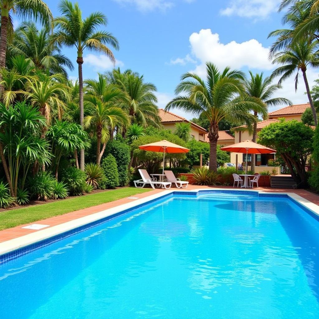 Tranquil pool and lush gardens at Alse Homes, Adeje Tenerife