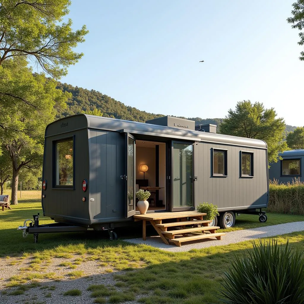 Modern Alucasa mobile home parked in a scenic campsite in Spain