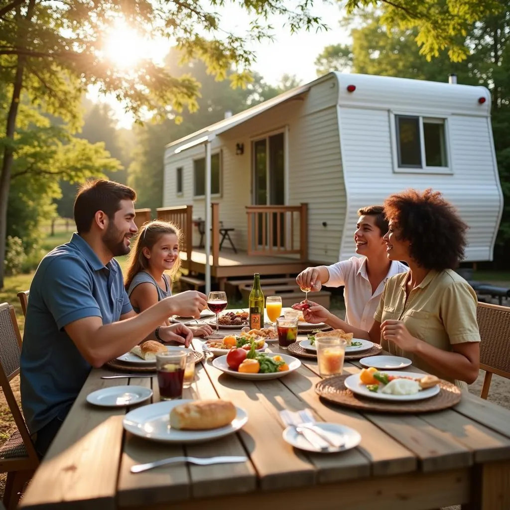 Family enjoying a delightful meal outdoors at their Alucasa mobile home