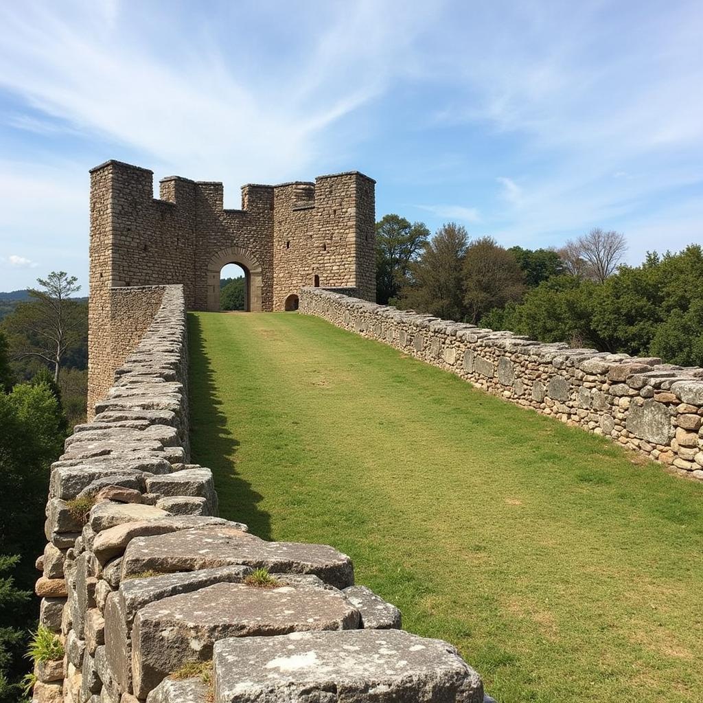 The sun setting behind the towering Roman walls of Lugo, casting long shadows across the historic city.