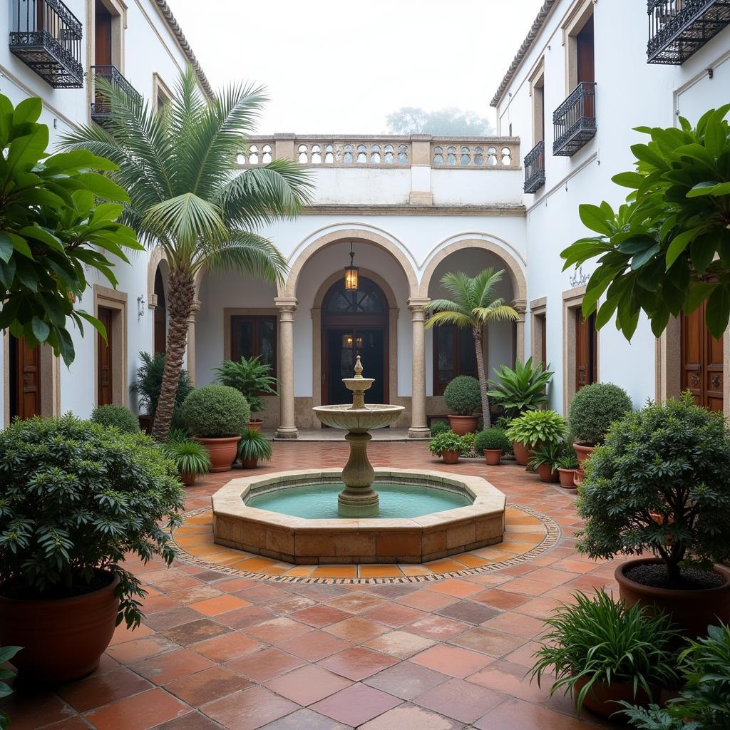 Serene Andalusian Courtyard on a Foggy Morning