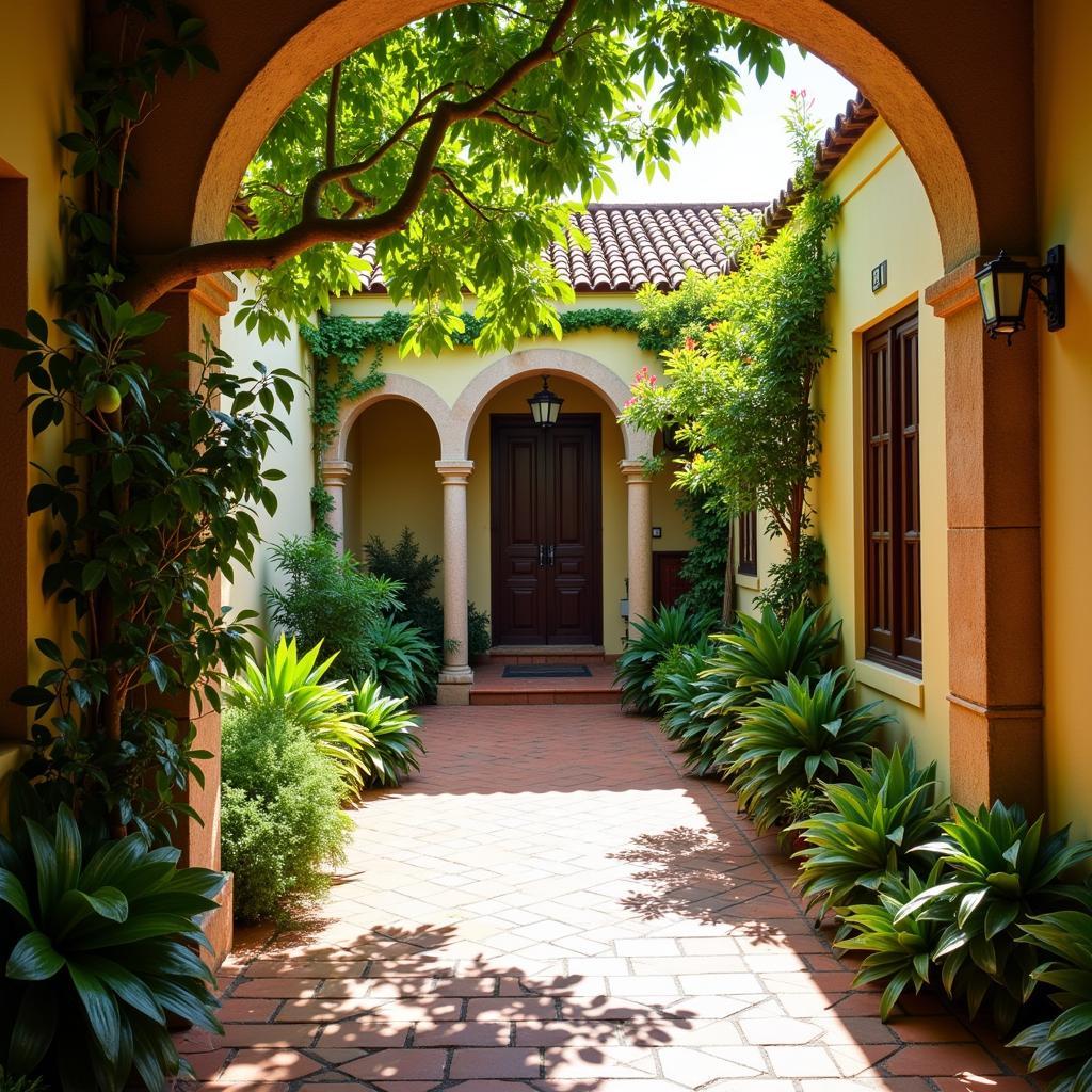 A traditional Andalusian courtyard filled with potted plants and vibrant colors at Oqui Kave Home