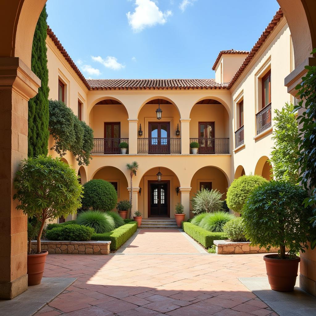 A traditional Andalusian courtyard features a central fountain and vibrant potted plants.