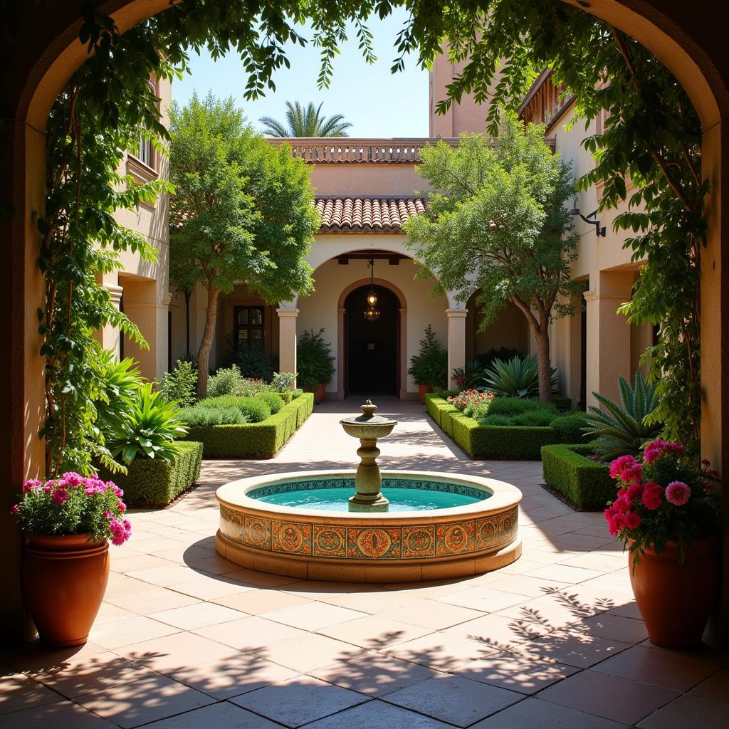 Tranquil Andalusian courtyard with a traditional fountain and vibrant flowers