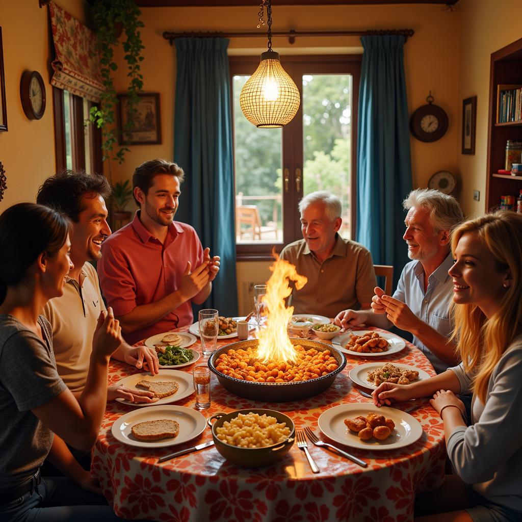 A Spanish family enjoys paella lunch in their Andalusian home