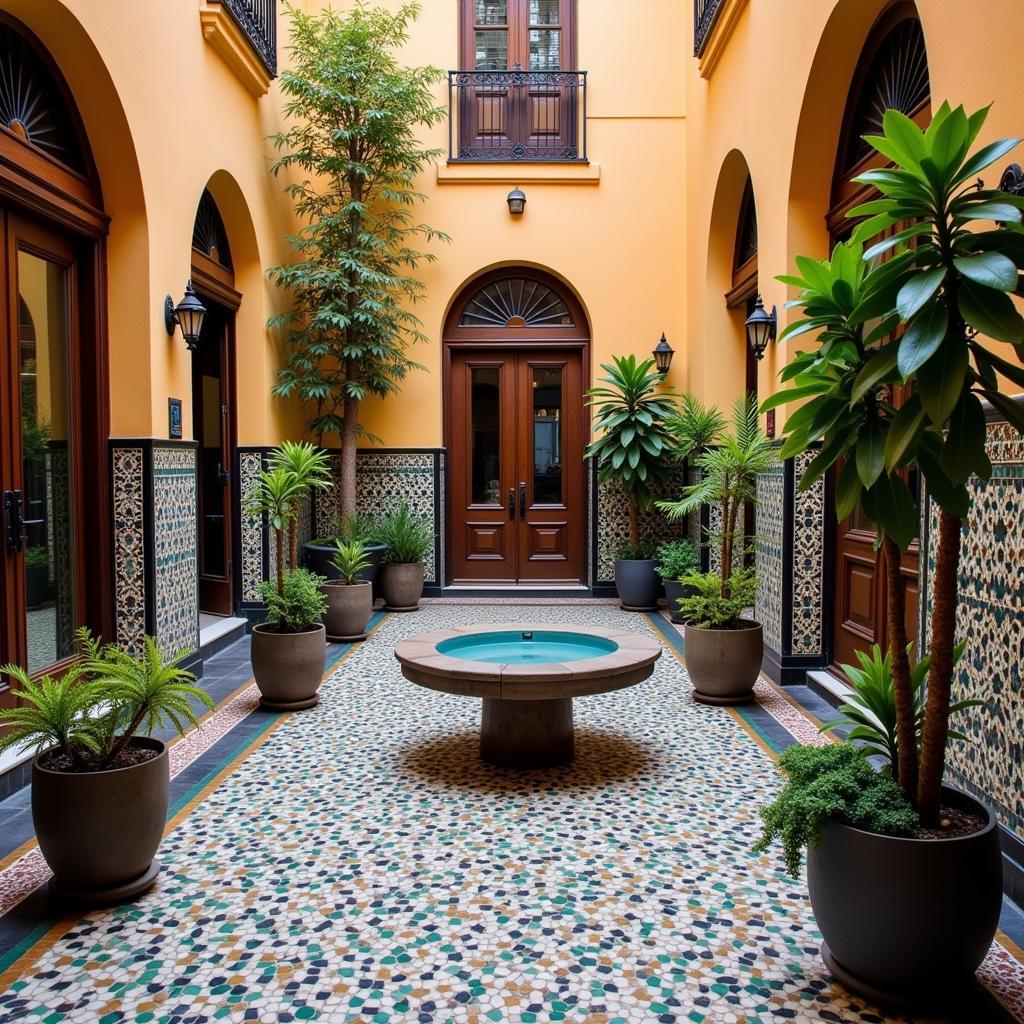 Traditional Andalusian patio with colorful mosaic tiles