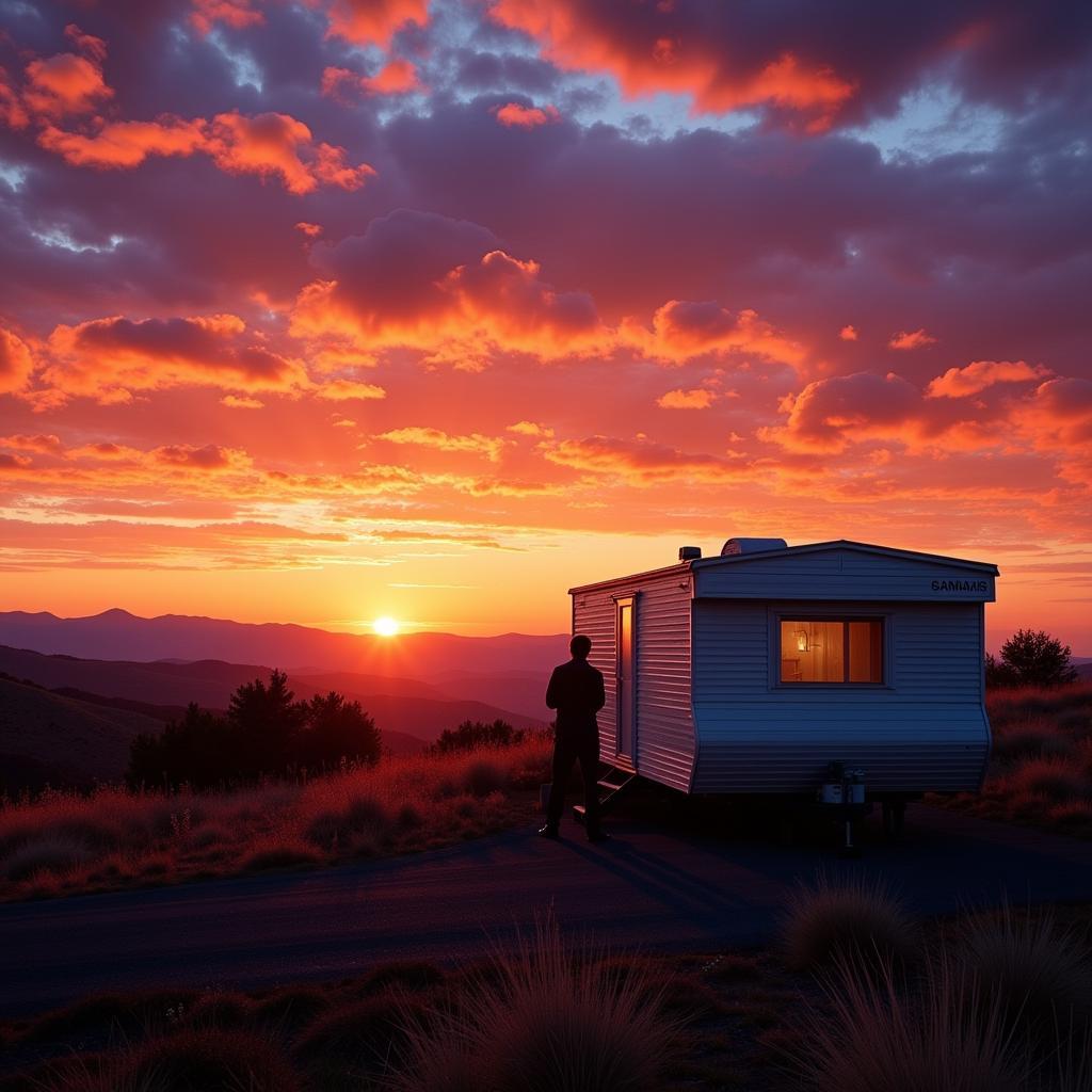 Mobile home parked amidst a backdrop of a fiery Andalusian sunset