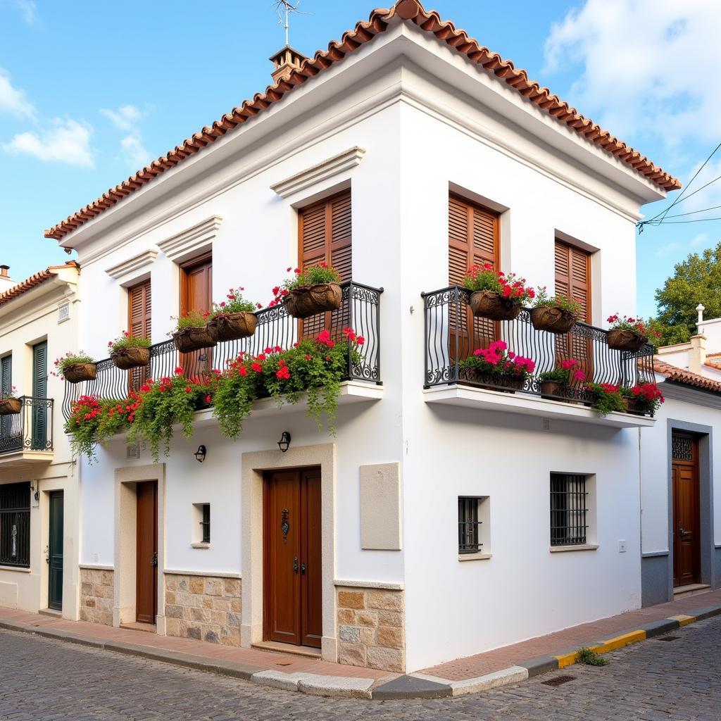 Traditional Andalusian townhouse with whitewashed walls and wrought iron balconies