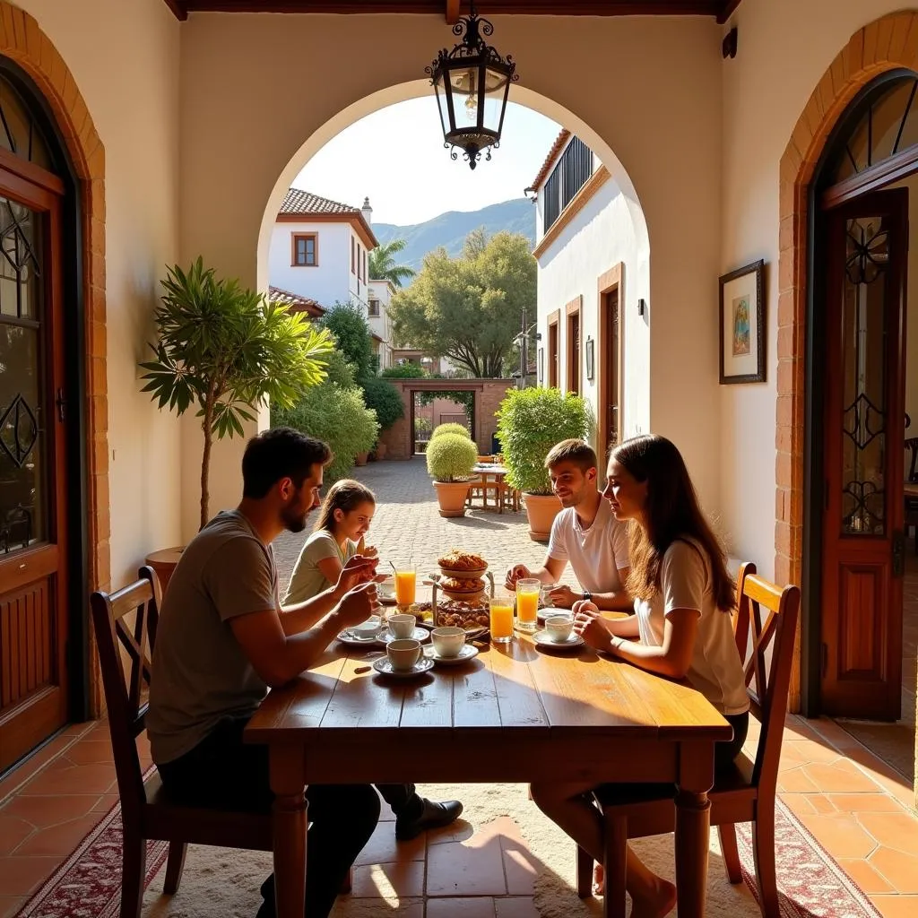 Family enjoying breakfast in a sun-drenched courtyard of an Andalusian villa