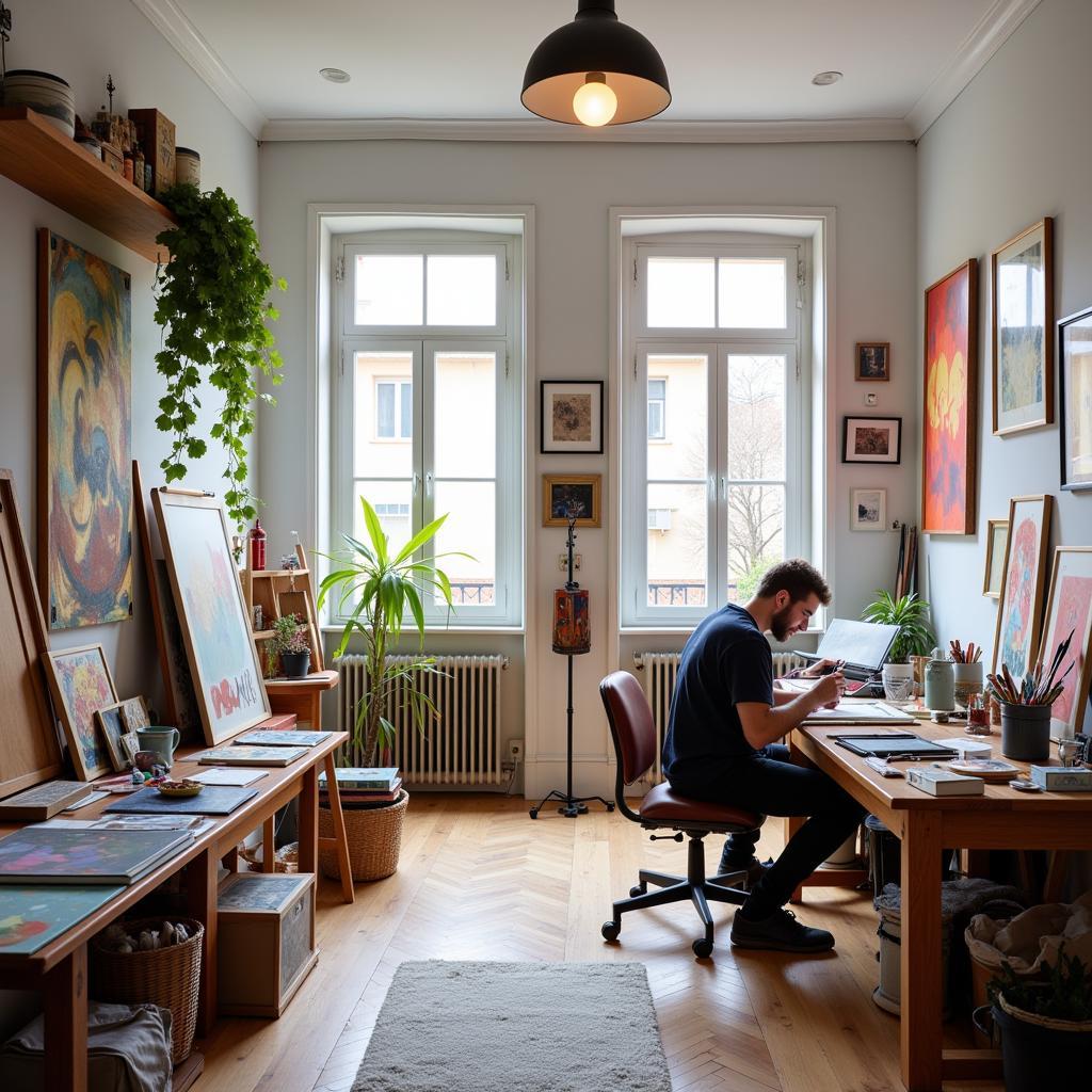 Artist at Work in Spanish Home Atelier