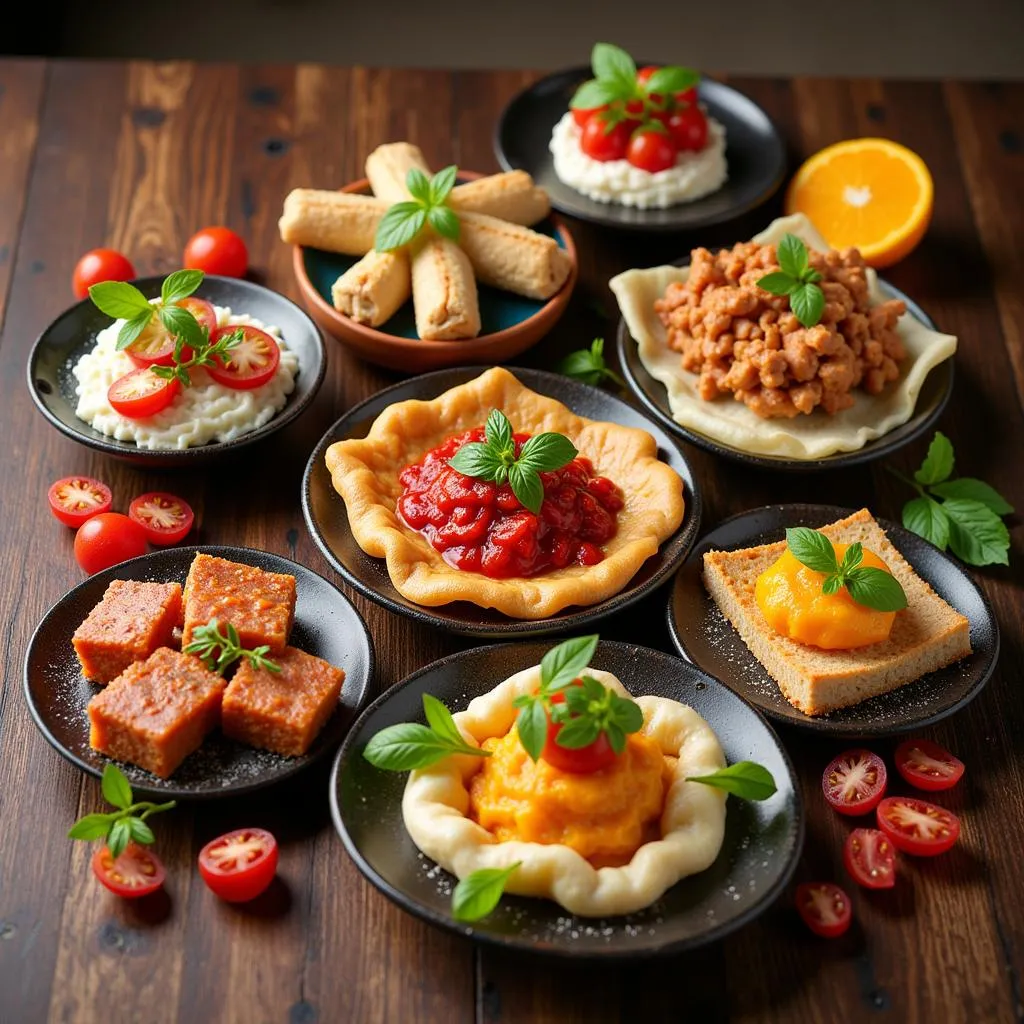 Assortment of Colorful Tapas on Wooden Table