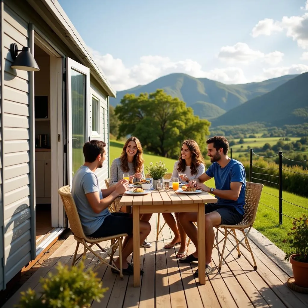 Family enjoying breakfast on the deck of their mobile home at a campsite in Asturias.