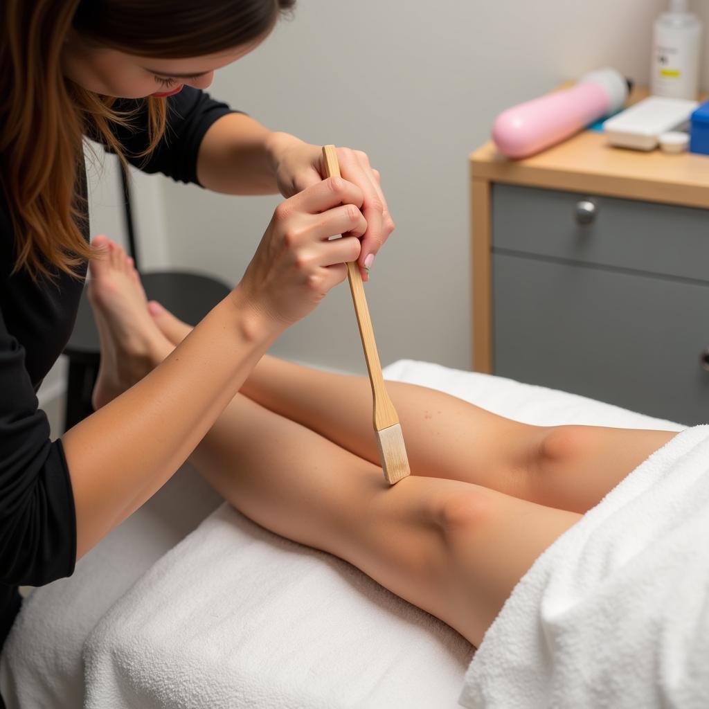 Professional esthetician performing at-home leg wax