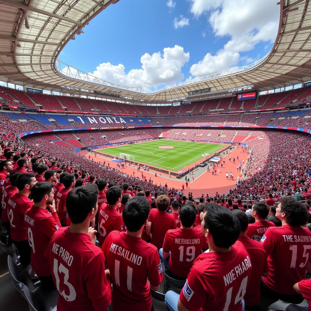 Atletico Madrid fans proudly sporting home shirts at Wanda Metropolitano Stadium