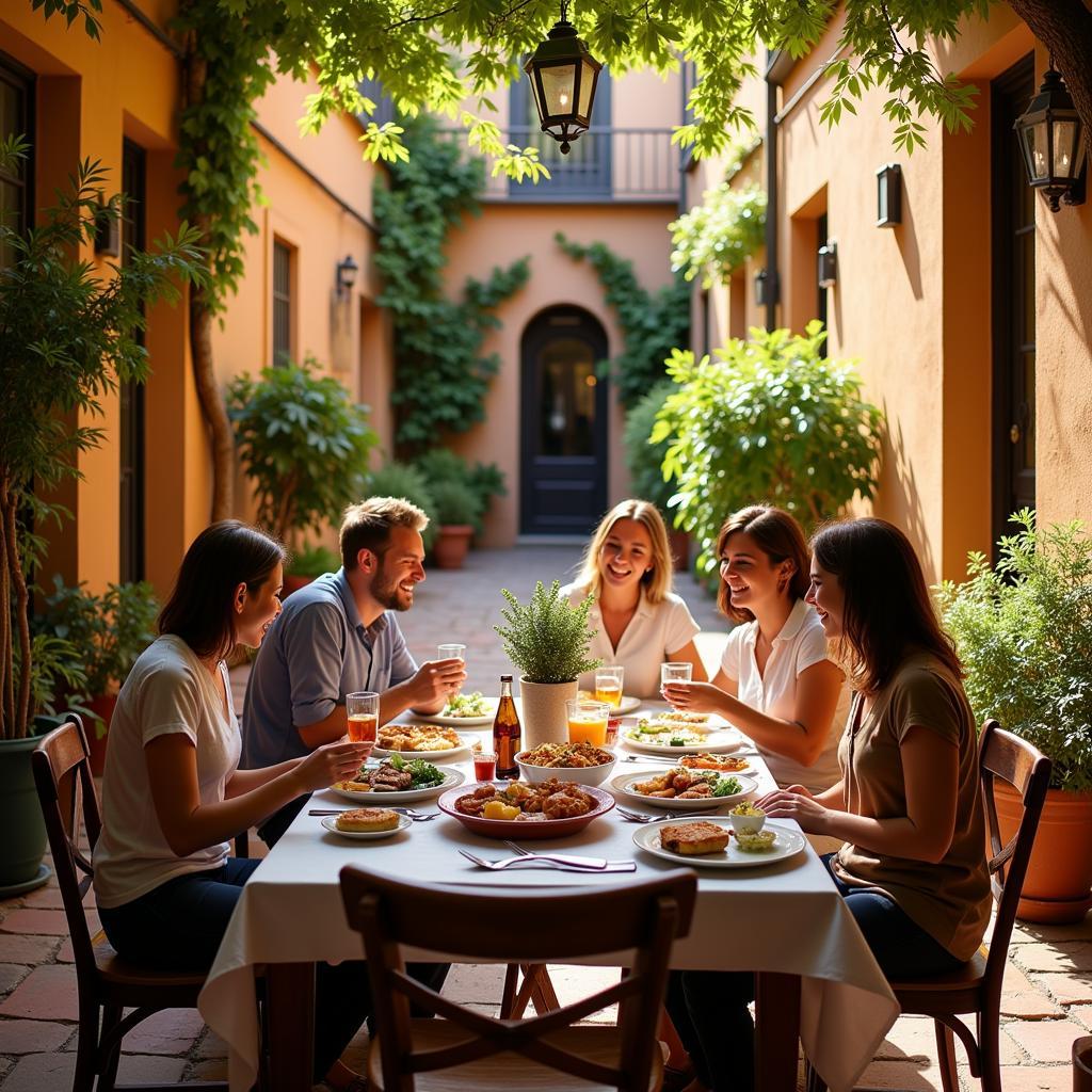 Family enjoying a meal in an authentic Spanish courtyard