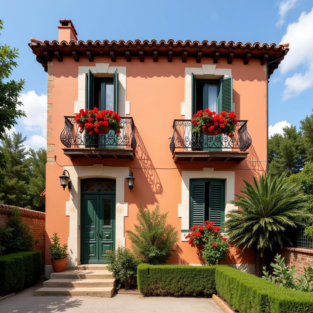 A charming Spanish home pikolin with terracotta roof, wrought iron balconies, and vibrant geraniums.