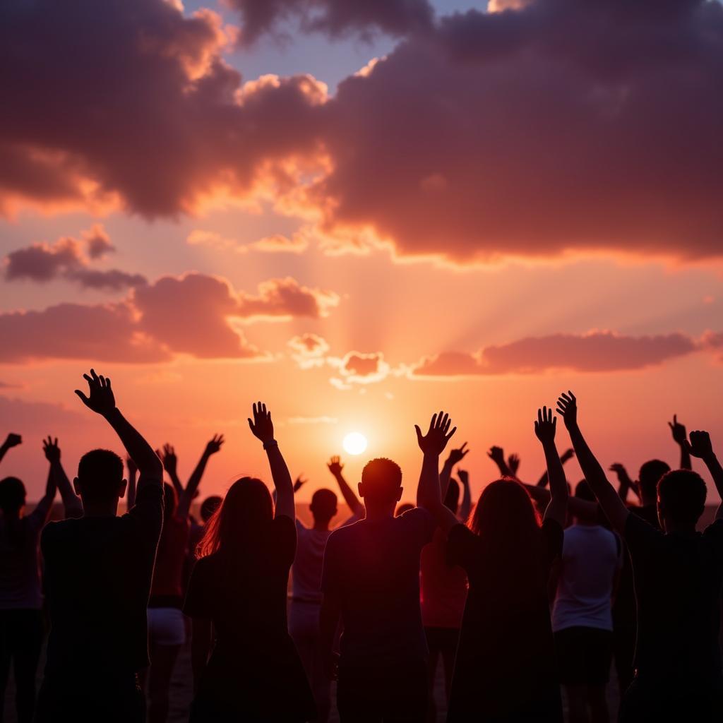 Festival goers silhouetted against a vibrant sunset