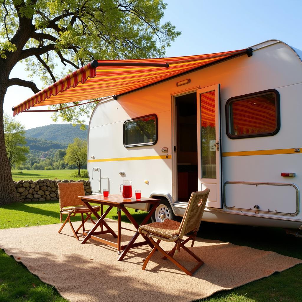 Mobile home with awning extended for outdoor living