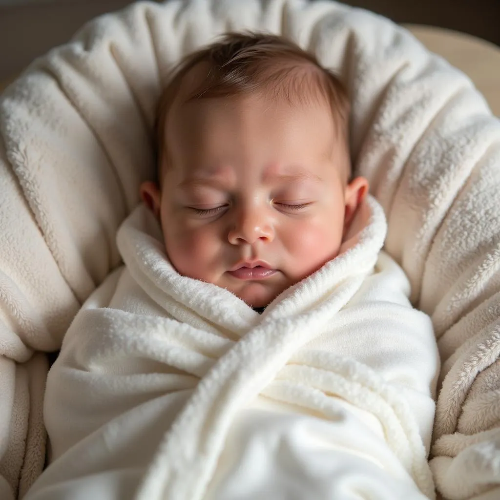 A baby peacefully sleeping wrapped in a Zara Home manta bebe