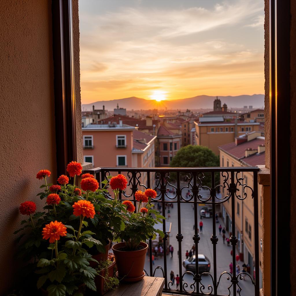 A balcony overlooking a lively plaza in Barcelona.